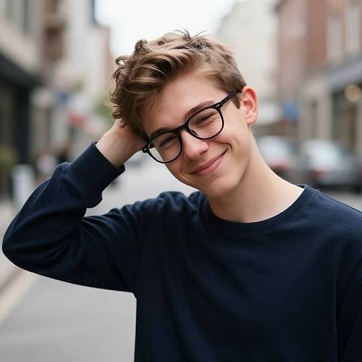 Photograph of a young, fair-skinned man with brown, tousled hair, black-framed glasses, and a black sweater, smiling and touching