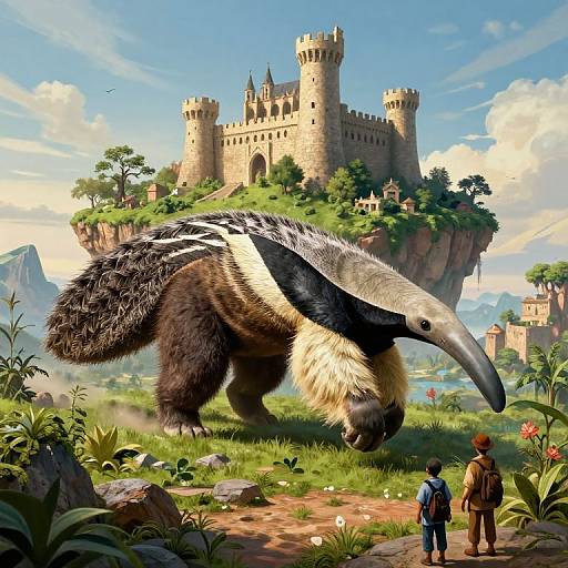 Digital artwork of a giant, black-and-white-feathered bird-like creature with a long beak, standing in a lush, medieval fantasy landscape with