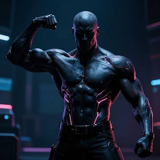 Photorealistic digital artwork of a muscular, bald, black-skinned superhero with glowing neon highlights, flexing arm in a dark, futuristic cityscape
