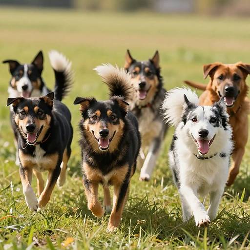 Photograph of five energetic dogs, including black and white, brown, and mixed breeds, running joyfully on a sunny, grassy field.