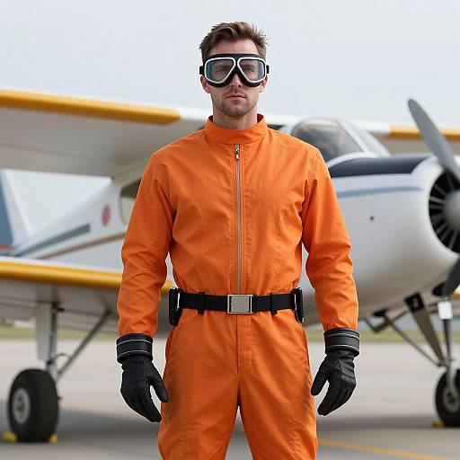 Photograph of a man in an orange jumpsuit, black gloves, and aviator goggles standing in front of a small white airplane.