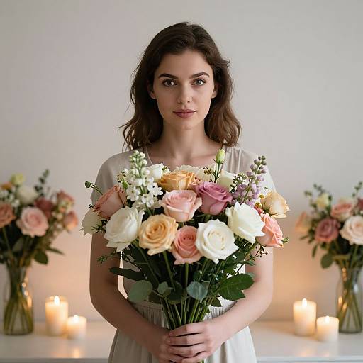 Photograph of a young woman with wavy brown hair, wearing a white dress, holding a bouquet of pastel roses, surrounded by lit candles and