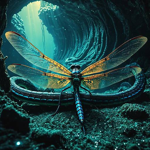 Crystalline Dragonfly-Serpent Hybrid in Underwater Cave
