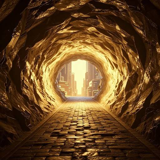 Digital artwork of a glowing, fiery tunnel with rough, textured rock walls and cobblestone floor, leading to a bright, futuristic cityscape at the
