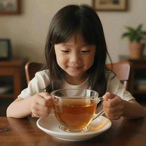 Photograph of a young Asian girl with black hair, wearing a white shirt, smiling while holding a glass teacup with tea on a white sa