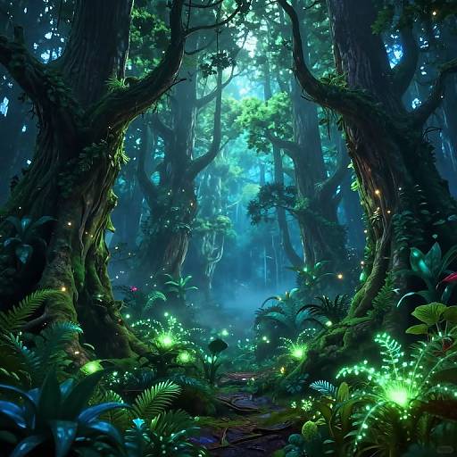 Enchanted forest scene with glowing fireflies, vibrant green foliage, and towering, moss-covered trees illuminated by ethereal blue light. Digital art.
