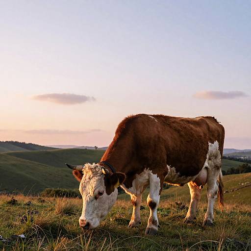 Photograph of a brown and white cow grazing on a grassy hillside at sunset, with rolling hills and a colorful sky in the background.