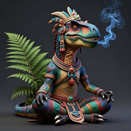 Digital art: Colorful, anthropomorphic dinosaur in tribal headdress and jewelry, smoking blue smoke, sitting cross-legged with fern, dark background.