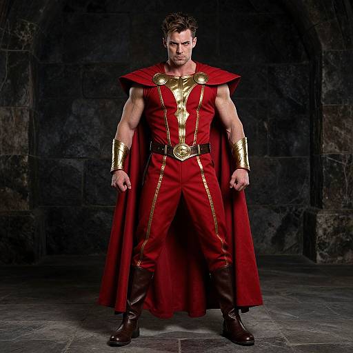 Photograph of a muscular man with short brown hair, wearing a red superhero costume with gold accents, standing against a dark stone wall, exuding a
