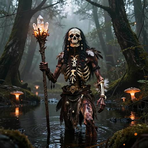 Ancient Skeletal Shaman in Foggy Swamp