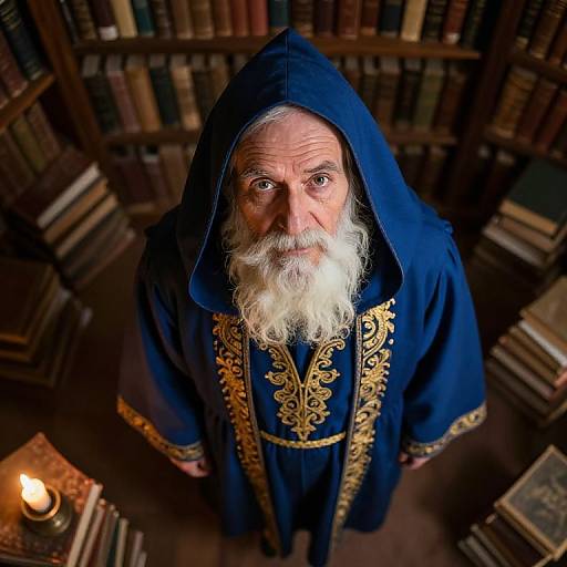 Photograph of an elderly man with a white beard and blue hooded robe with gold embroidery, standing in a dimly lit library filled with books,