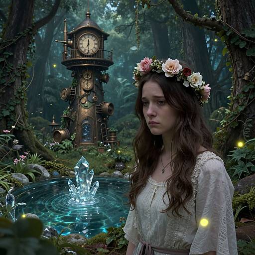 Fantasy forest scene: young woman with wavy brown hair, flower crown, white dress, stands by glowing crystal pond, clock tower in background.