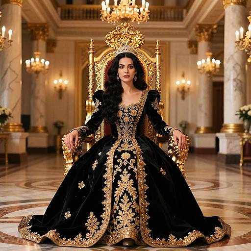 Photograph of a dark-haired woman in an elaborate black and gold brocade gown, seated on an ornate golden throne in a grand, opulent
