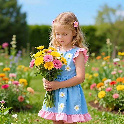 Photograph of a blonde girl in a blue flower dress with pink trim, holding a bouquet of yellow and pink flowers, standing in a vibrant, colorful