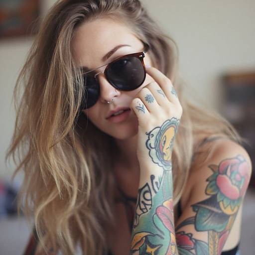 Photograph of a tattooed blonde woman with wavy hair, wearing dark sunglasses, touching her face, showcasing colorful arm tattoos.