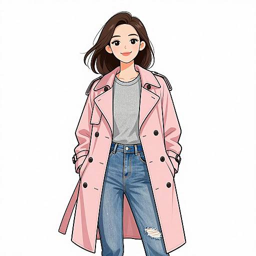 Digital anime-style drawing of a smiling woman with medium-length brown hair, wearing a pink coat, gray shirt, and blue jeans with a rip. White