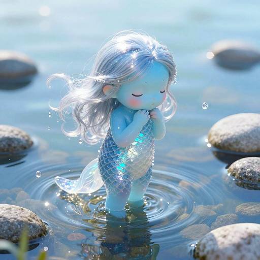 Chibi mermaid with closed eyes, silver scales, and flowing white hair stands in rippling water among rocks, hands together.