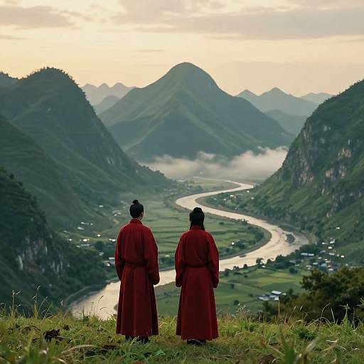 Photograph of two monks in red robes standing on a grassy hill, overlooking a winding river and lush mountain valley.