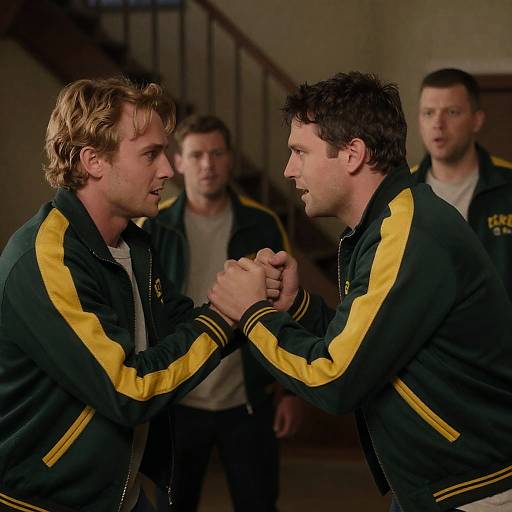 Men in Green Jackets Intense Confrontation