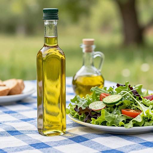 Photograph of a glass bottle of golden olive oil, salad with lettuce, tomatoes, and cucumber slices, and a small oil bottle on a blue-check