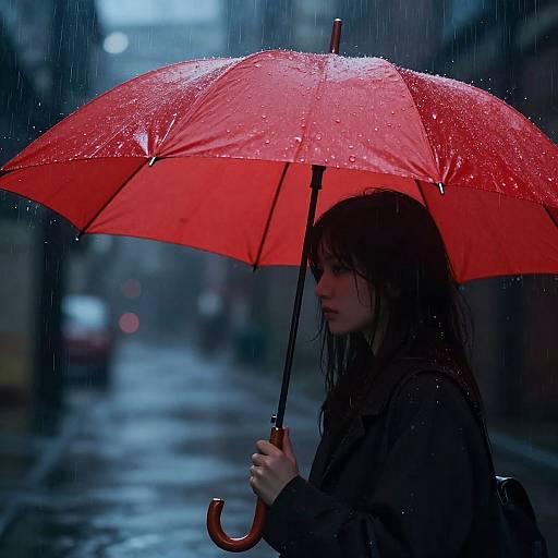 Dynamic Red Umbrella in Rainy City