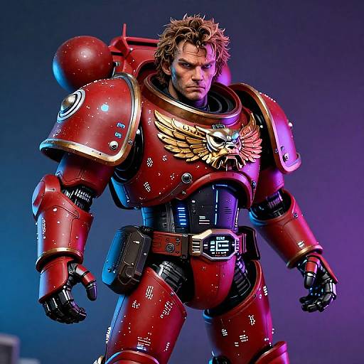 Photograph of a rugged, blonde-haired man in red, metallic, wing-emblem armored suit with blue and purple lighting, standing confidently.