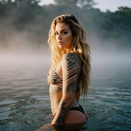 Photograph of a tattooed blonde woman with long, wavy hair, wearing a black and zebra-striped one-piece swimsuit, standing in mist