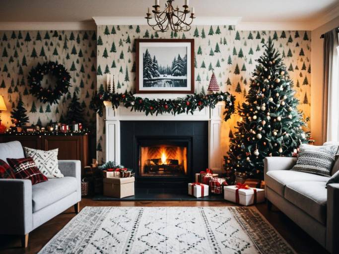 Cozy Christmas Living Room Wallpaper