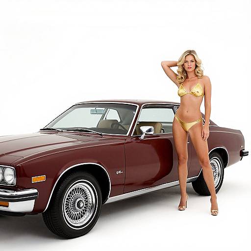Photograph of a blonde woman in a yellow bikini standing beside a maroon classic muscle car with its door open.