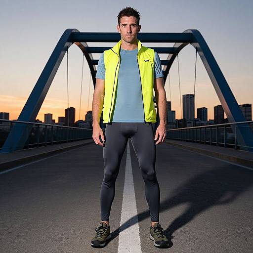 Photograph of a fit, short-haired man in a yellow vest, blue shirt, black leggings, and sneakers, standing on a bridge at sunset with