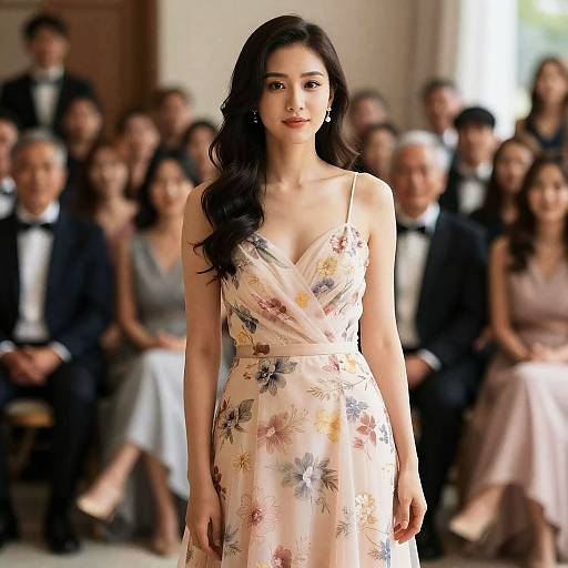 Photograph of an East Asian woman with long black hair, wearing a floral, V-neck, sleeveless dress, walking down a fashion runway with an