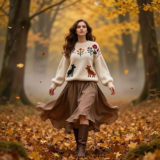 Photograph of a young woman with long brown hair, wearing a white sweater with embroidered animals, brown skirt, and boots, walking through a golden autumn