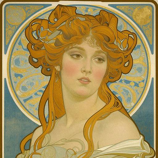 Art Nouveau-style painting of a fair-skinned woman with intricate, flowing orange hair, soft features, and a golden halo against a blue patterned