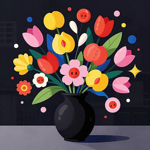 Surreal Black Vase with Vibrant Blooms