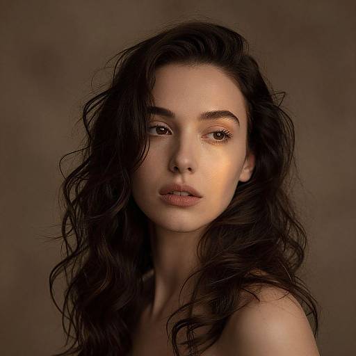 Photograph of a young woman with long, wavy dark hair, fair skin, and subtle makeup, gazing directly at the camera against a brown
