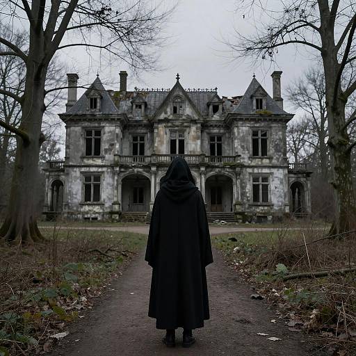 Eerie Cloaked Figure by Gothic Mansion