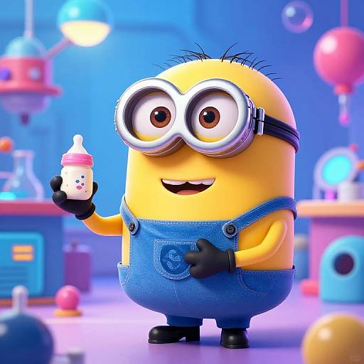 Digital CGI of Minions-style character holding baby bottle, wearing blue overalls, goggles, and black gloves, standing in colorful laboratory.