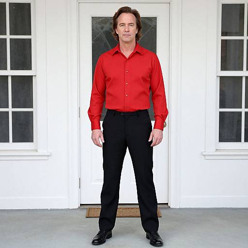 Photograph of a middle-aged man with wavy brown hair, wearing a bright red button-up shirt, black pants, and black shoes, standing in