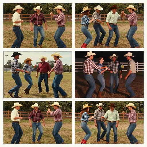 Photograph collage of six images: six men in cowboy hats, plaid shirts, and jeans dancing outdoors on grass, with a wooden fence background.