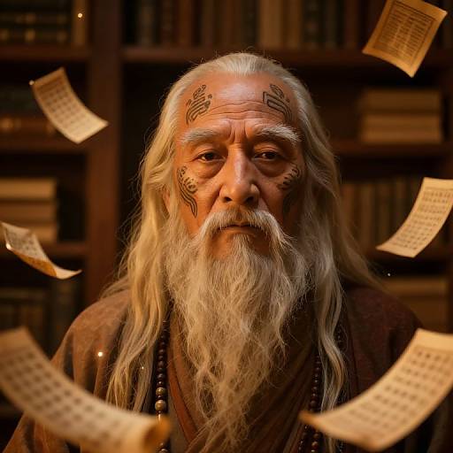 Photograph of an elderly, white-haired man with a long beard, tribal face paint, and ornate necklace, surrounded by floating papers in a dim