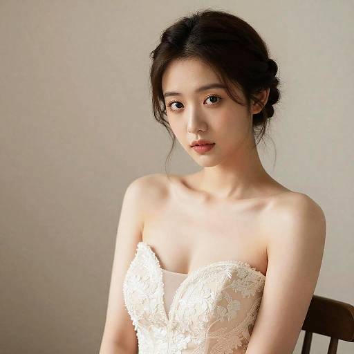 Photograph of an Asian woman with fair skin, black hair in a loose bun, wearing a strapless white lace wedding dress, looking directly at the
