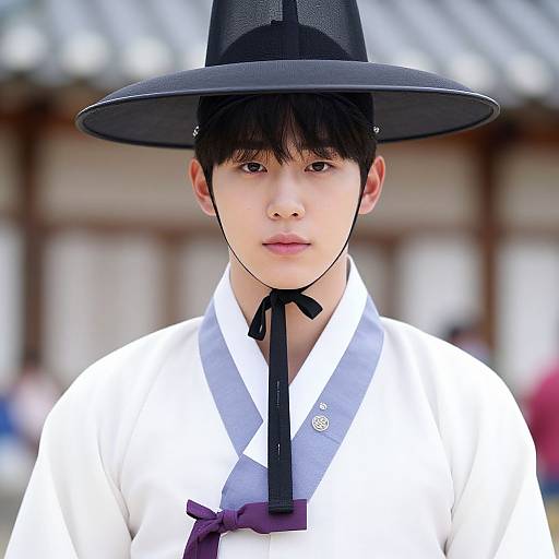 Young Asian man in traditional white kimono with black ribbon, black hat, and purple bowtie, standing outdoors in front of blurred traditional Japanese building.