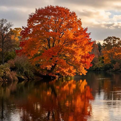Vibrant photograph of a large tree with fiery orange autumn leaves reflecting on a calm river, surrounded by a forest with varying hues under a cloudy sky