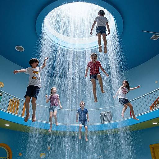 Photograph of six children jumping in a circular water fountain, cascading from a bright, circular light above in a blue-tiled indoor play area.