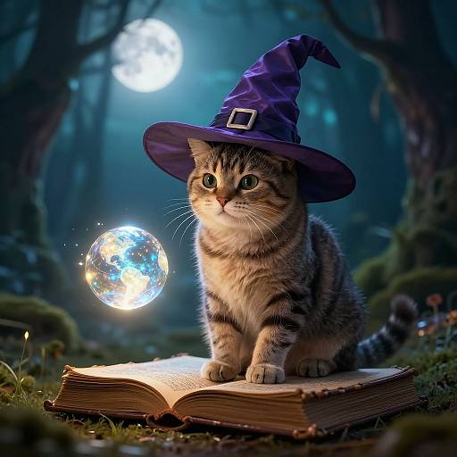Photorealistic CGI: Adorable tabby kitten with green eyes wears purple wizard hat, sitting on an open book in a moonlit forest, glowing