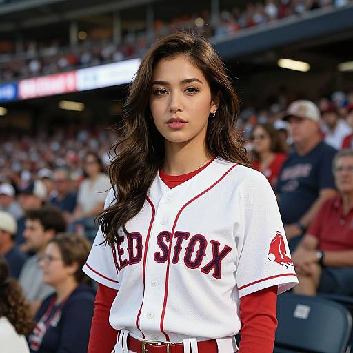 Photograph of a young woman with long brown hair, wearing a white Boston Red Sox baseball jersey, standing in a crowded stadium.