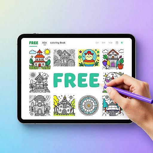 Photograph of a hand holding a purple pen drawing on a tablet displaying colorful, free-access doodles of houses, suns, and characters.