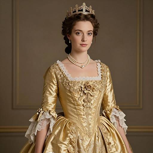 Photograph of a young woman with pale skin, dark brown hair in an updo, wearing a golden, intricately embroidered gown with white lace trim
