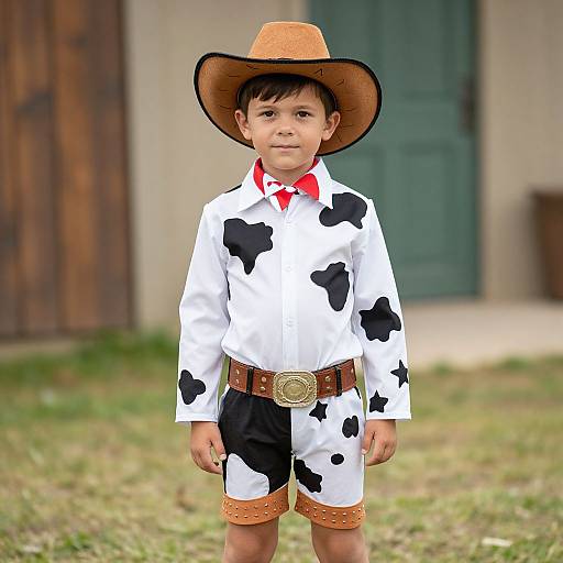 Photograph of a young boy in a cow-print outfit, brown cowboy hat, red shirt, brown belt with gold buckle, standing on grass in front