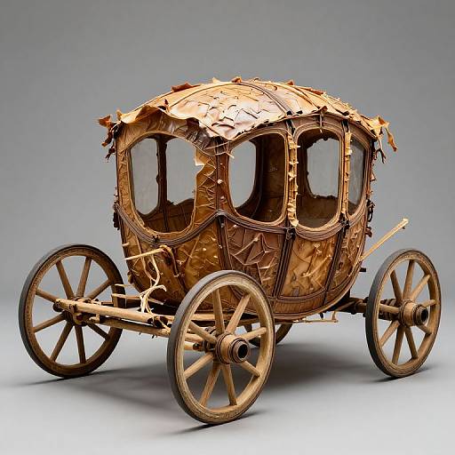 Photograph of a detailed, rustic, bronze-colored, medieval-style wooden carriage with a thatched roof, four spoked wheels, and intricate carv